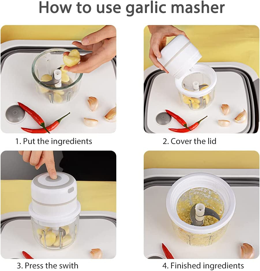 Mini Garlic Chopper,  Electric Food Processor, Garlic Mincer Portable Processor for Chop Onion Ginger Vegetable Pepper Spice Meat, Baby Food, Easy Clean, Waterproof, BPA Free (250Ml)